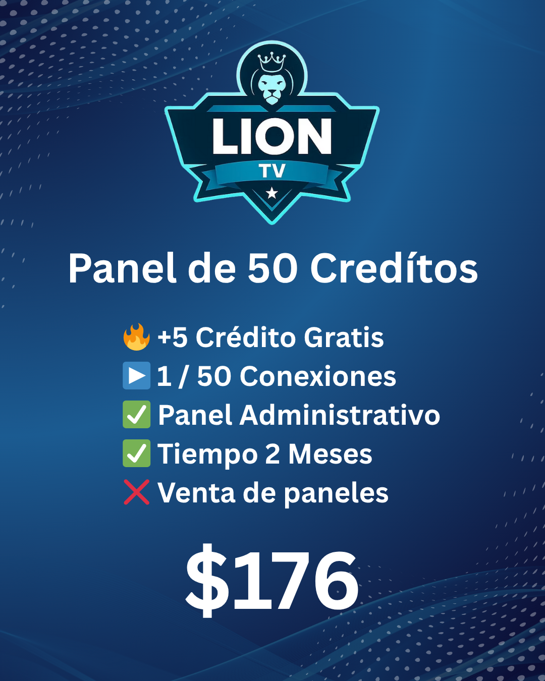 Panel IPTV Lion TV Premium con 50 conexiones, crédito gratis y panel administrativo por 2 meses